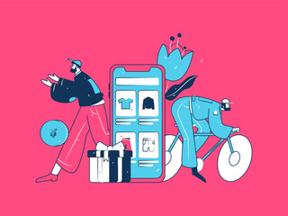 Naklejka premium Holiday shopping people doing e-commerce online shopping flat vector concept operation hand drawn illustration 