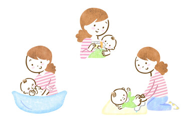 赤ちゃんのお世話をする母親の手描きイラストセット