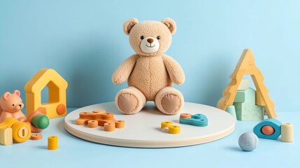 Empty round platform podium stand teddy bear and natural wooden ecological sustainable educational toys on light blue background Montessori eco-friendly toys for children Top view flat lay