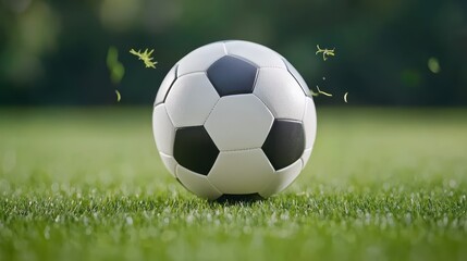 Fototapeta premium A close-up of a classic black-and-white soccer ball resting on lush green grass, captured in vibrant detail.