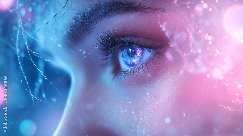 Poster close-up of a beautiful eye with vivid blue iris surrounded by sparkling light effects and colorful 