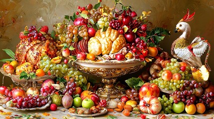 A vibrant arrangement of fruits and decorative elements for a festive display.