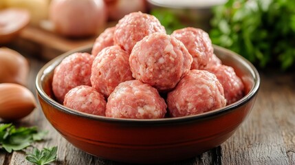 Raw meatballs in bowl with ingredients on wooden background