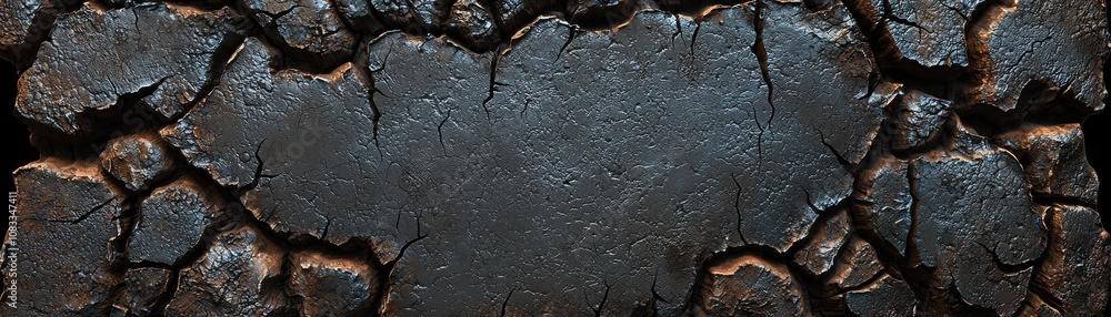 Poster a textured dark surface with cracks, resembling aged or weathered material, highlighted by subtle re