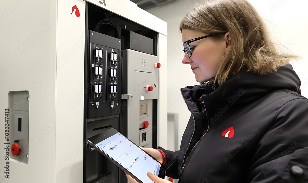 Poster a person using a tablet near a control panel in a technical environment.