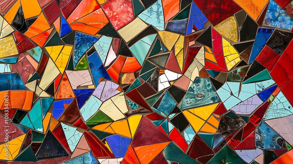 Poster colorful mosaic art piece, made with small tiles of various shapes and sizes. the mosaic features a 