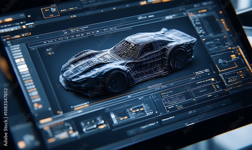 Poster a digital rendering of a car model displayed on a high-tech interface.