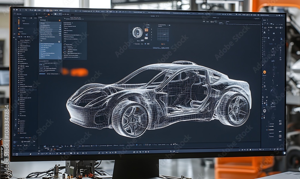 Poster a computer monitor displays a 3d wireframe model of a car in a design software environment.