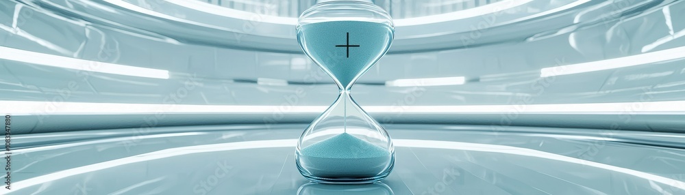 Poster a futuristic hourglass with clockhands sits centered in a sleek, modern environment, symbolizing the