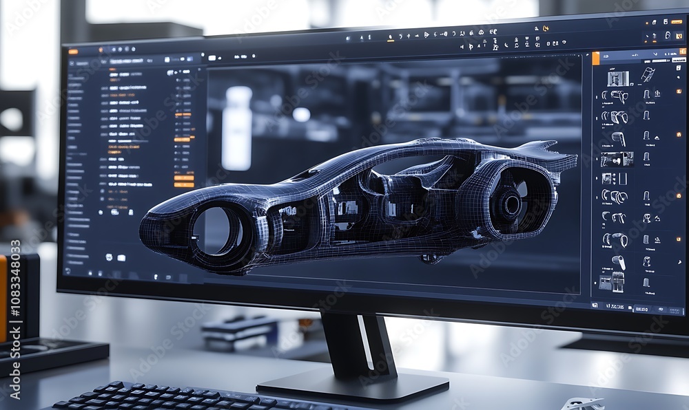 Poster a computer screen displaying a detailed 3d model of a futuristic car design.