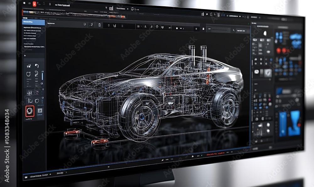 Poster a digital rendering of a car model displayed on a computer screen, showcasing wireframe design.