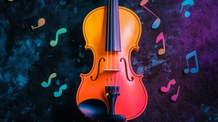 Fototapeta premium Violin with music notes on dark background