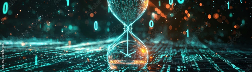 Poster a digital hourglass symbolizing time and data flows, surrounded by binary code and glowing particles