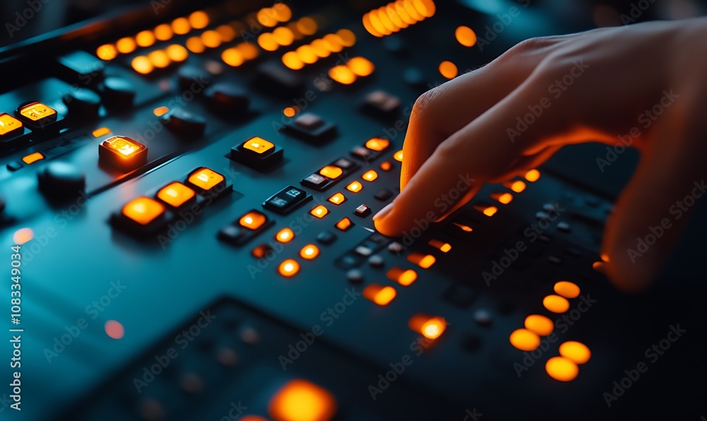 Aufkleber a hand adjusting controls on a high-tech device with glowing orange buttons.