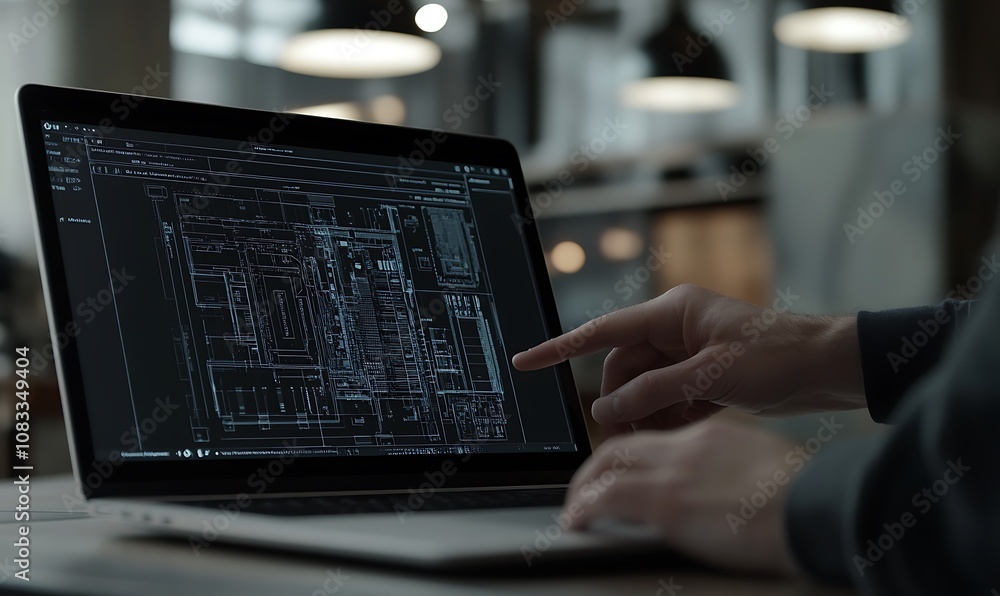 Poster a person analyzing technical blueprints on a laptop in a modern workspace.