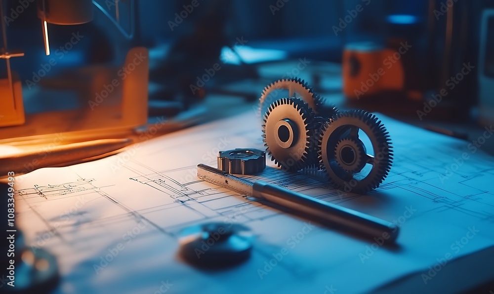 Aufkleber a workspace with gears and blueprints, highlighting mechanical design and engineering.