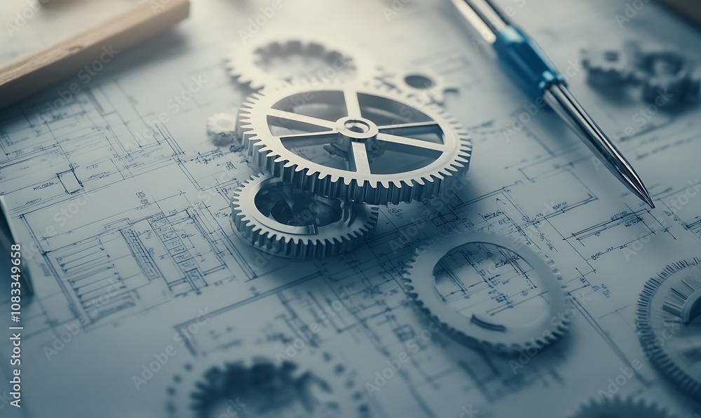 Poster a close-up of gears on engineering blueprints, symbolizing design and mechanics.