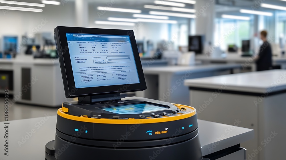 Poster a scientific instrument with a screen displaying data in a modern laboratory setting.