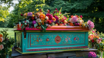 Funeral casket for a love one displayed outdoors ceremony