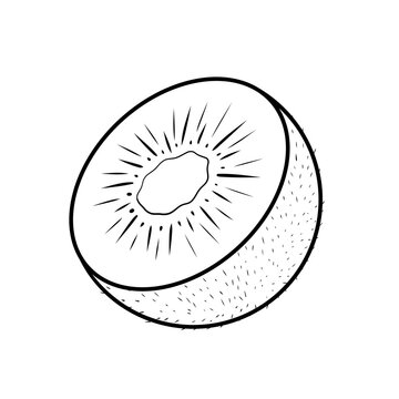 recommend clip art: A minimalistic black and white line illustration of a whole kiwi and a sliced half, showcasing the texture, seeds, and unique shape of the fruit in a simple outline style.
