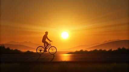Fototapeta premium Silhouette of a Cyclist Riding Towards a Setting Sun on a Road
