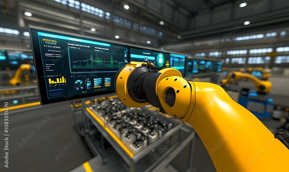 Poster a robotic arm interacts with a digital display in a modern industrial setting.