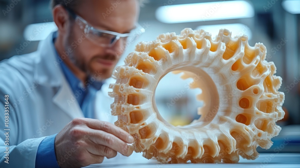 Poster man examining a detailed 3d-printed mechanical part.