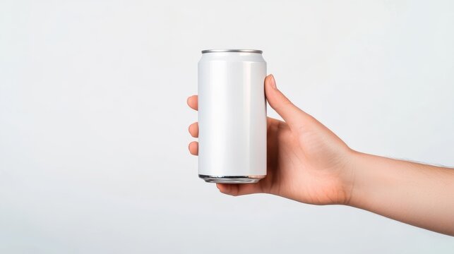 Says no to alcohol Refused alcohol drink Hand offers to drink holds a beer can isolated on white Stop alcohol Gesture rejection Mock up Blank