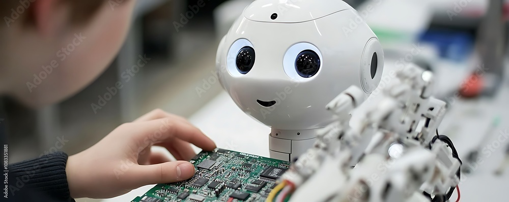 Poster a child interacts with a friendly robot while examining a circuit board.