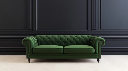 Fototapeta premium Black wall with moldings green sofa Chester spotlight 3D visualization rendering