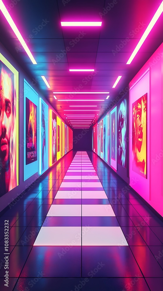 Poster stylized movie visual display abstract neon movie display corridor