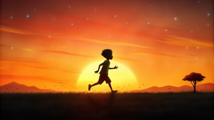 Fototapeta premium Silhouette of a Boy Running Towards the Setting Sun