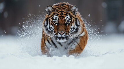 Obraz premium Fierce Siberian tiger charging through deep snow with intense focus, showcasing strength and beauty in a winter landscape.