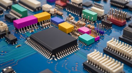 Fototapeta premium Application Specific Integrated Circuit inductors chip capacitorselectrolytic capacitors and chip resistors mounted on a Printed Wiring Board