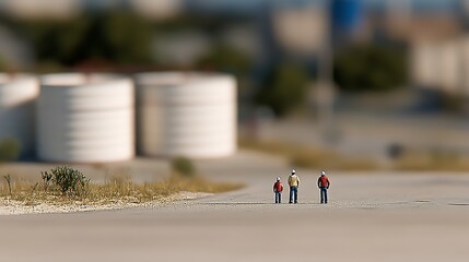 Three miniature figures walking on a road near large storage tanks in a blurred landscape.