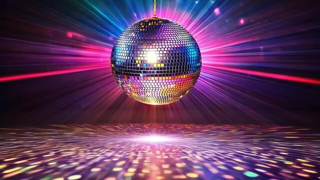 Disco Ball Explosion:  A mesmerizing disco ball takes center stage, radiating vibrant rainbow laser lights and creating a dazzling, energetic atmosphere perfect for party, dance, and music promotions.