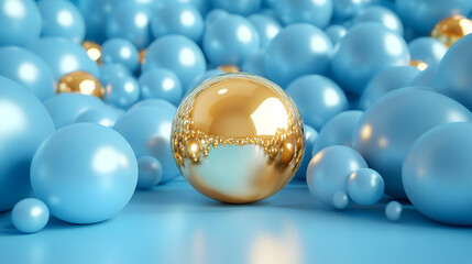 Golden Sphere in Blue Abstract 3D Background