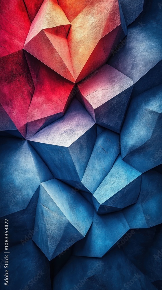 Poster abstract geometric shapes in vibrant colors creating a textured design.