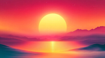 Vibrant sunset over serene waters with mountains in the background during twilight hours