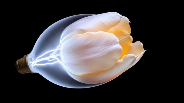 X-ray of a tulip flower in electric light bulb Creative Art abstract of beautiful plant Blossom of tulip Ecology lightning on black background Ecology thinking concept inverted image
