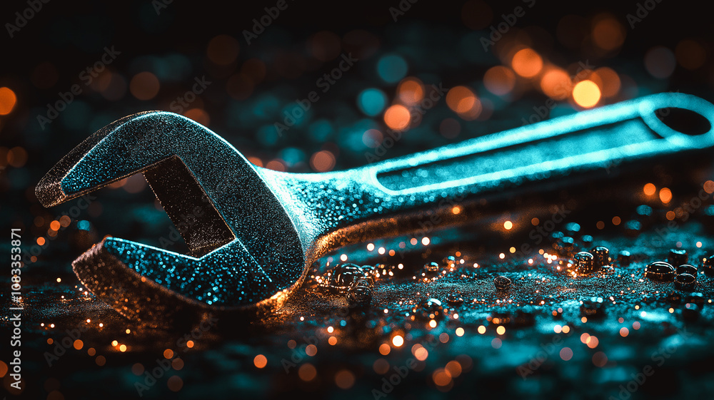 Poster a blue wrench is on a surface with a lot of sparkles. the wrench is shiny and metallic, and the spar