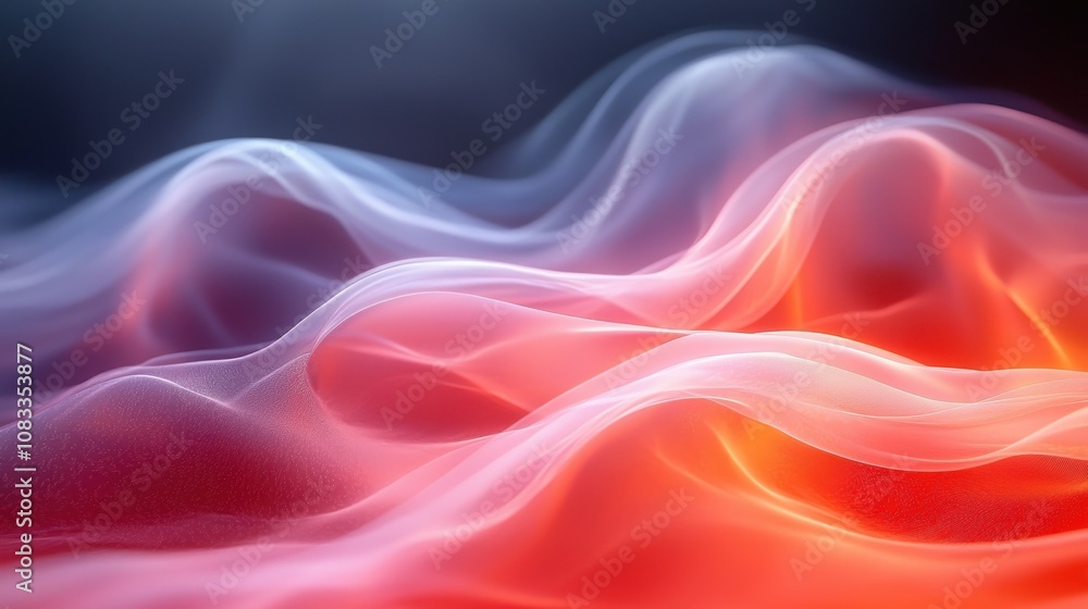 Poster fluid waves of soft colors blending together in a captivating dance of light and shadow at dawn in a
