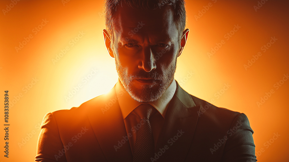 Poster a man in a suit is looking at the camera with a serious expression. the image has a dark and moody a