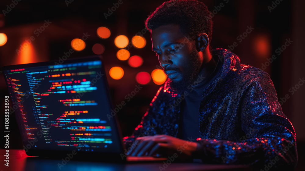Poster a man is sitting at a table with a laptop open in front of him. he is typing on the keyboard and he 