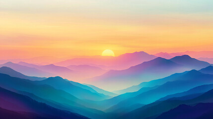 Obraz premium Serene sunrise over layered mountains with vibrant colors in a calm morning sky