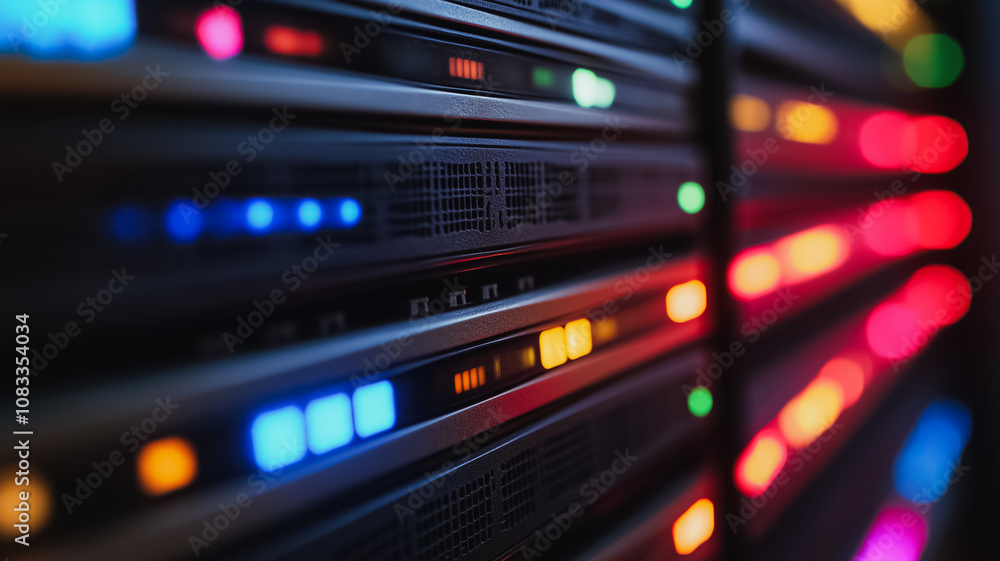 Poster a row of computer servers with lights on them. the lights are in different colors and are arranged i