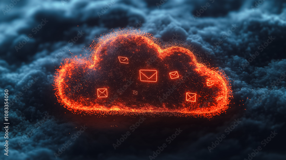 Poster a cloud with many small red dots on it. the cloud is surrounded by a blue sky. the red dots are like
