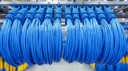 A bunch of blue and yellow cables hanging from the ceiling. The blue cables are connected to each other and the yellow cables are connected to the blue cables