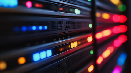 Naklejka premium A row of computer servers with lights on them. The lights are in different colors and are arranged in a row
