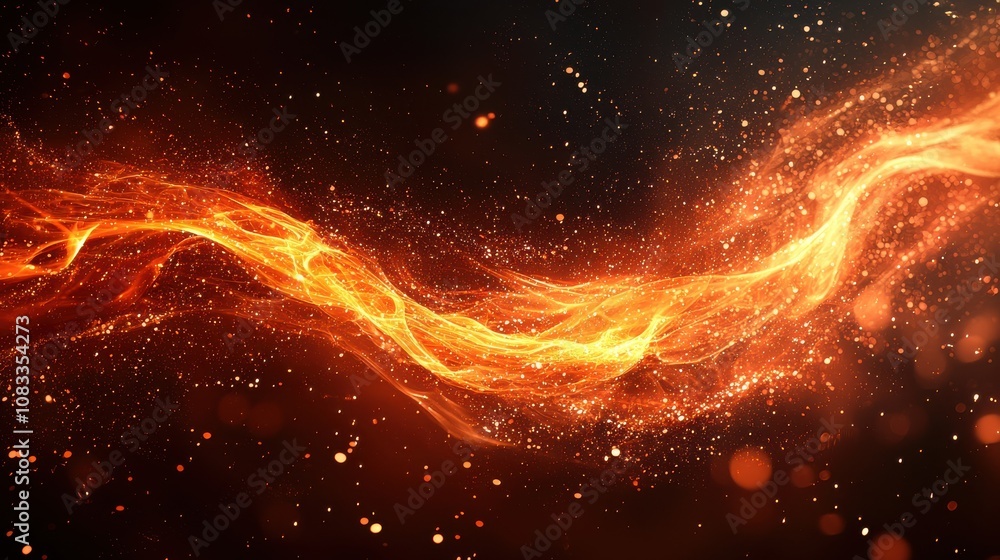 Poster dynamic swirling orange flames against a dark background with sparkles creating a vibrant sense of e